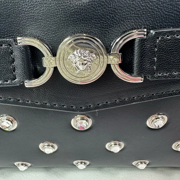 NEW! Versace Crystal Medusa 95 Studded Top Handle Shoulder Bag Black Lamb - Picture 6 of 11